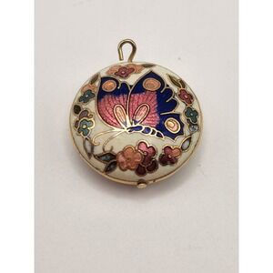 Vintage Cloisonne Enamel Butterfly Floral Round Gold Tone Pendant 1 Inch